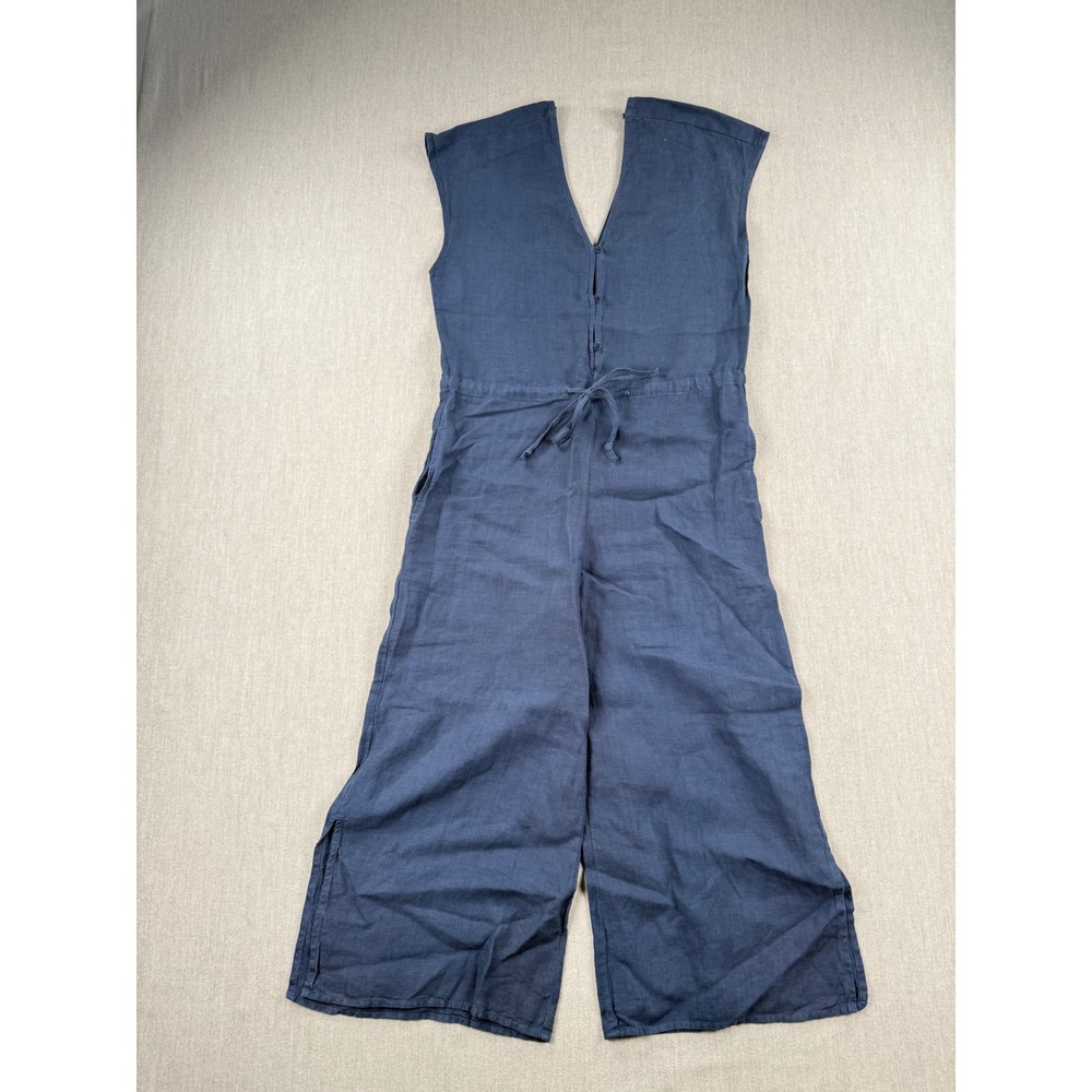 Cloth & Stone Navy Blue 100% Linen Wide Leg Jumpsuit V-Neck Drawstring XS